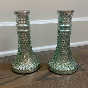 Pair of silver glass candleholders/candlesticks. Boho yet elegant. Holds tapers.